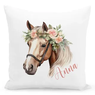 Pferde Kissen personalisiert mit Namen als Kuschelkissen für Mädchen | Personalisiert, weicher Bezug inkl. Füllung, Kinderzimmer Deko, Pferdemotiv, Dekokissen