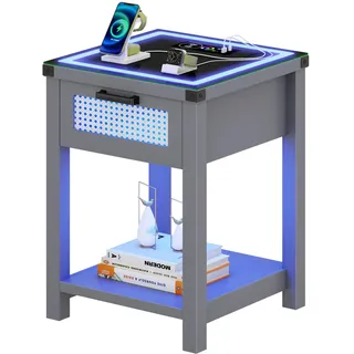 Lvifur Led Nachttisch mit Ladefunktion,Smart Nachtschrank mit RGB 20 Licht Dimmbar, Hochglanz Sideboard mit Schubladen USB Type-C Automatischer Sensor Schlafzimmer Grau