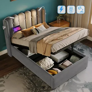 okwish Polsterbett 90x200cm, Einzelbett-Leselampe mit Ladefunktion, Bettgestell mit Stauraum am Kopfteil, Samt-Jugendbett 90x200cm mit Lattenrost, grau (Matratze nicht im Lieferumfang enthalten) - Grau