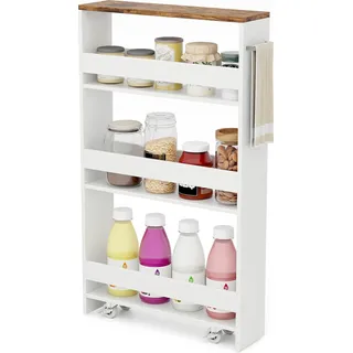 COSTWAY Schlanker Aufbewahrungswagen mit 4 Ebenen, schmaler mobiler Servierwagen mit offenen Regalen, Küchenwagen auf Rädern - Weiß, Naturbelassen