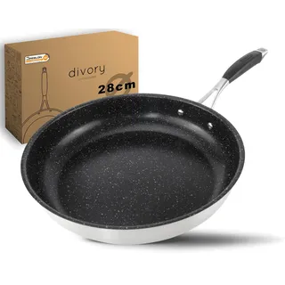 DIVORY Edelstahl Pfanne 28 cm ULTIME Induktion I Antihaft beschichtete große Bratpfanne für alle Herdarten I Induktionspfanne, Ergonomischer Griff, Spülmaschinen geeignet (28cm, Schwarz)