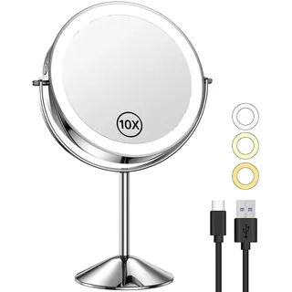 Gospire 8 Zoll Wiederaufladbar Kosmetikspiegel mit Licht, 3 Farben & Dimmable LED, 1X/10X Doppelseitiger Vergrößerung Schminkspiegel, 360°Schwenkbar Make-up Spiegel für Reise Zuhause, Chrom