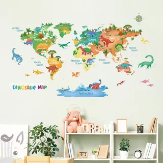 fufuquare Bunte Karikatur Dinosaurier Weltkarte Wandaufkleber, Kreative Einfache Wahrnehmung Abnehmbare Wandtattoos für Kinderzimmer Schlafzimmer Wohnzimmer Klassenzimmer