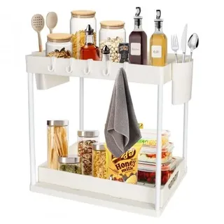 Rylae Küchen Organizer, 2 Etagen Standregal Küche Arbeitsplatte Regal Organizer, Küchenregal Gewürzregal Unterschrankregal, Schiebeschublade Unter Waschbecken Regal, für Badezimmer Küche (Weiß)