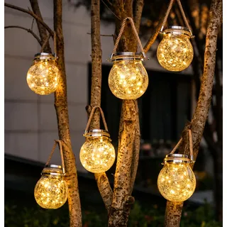 LUMILED 6x Set Solarleuchte Einmachglas Hängende Licht IP44 3000K 20 Led 600mAh Glas Pendelleuchte Außenlaternen ⌀12 cm Solar für Außen Dämmerungssensor Risslicht für Außen Garten Terrasse