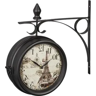 Doppelseitige Eiffelturm-Stationsuhr – Analoge Wanduhr – 1 Stück – Schwarz – H 34 x B 35 x T 10 cm