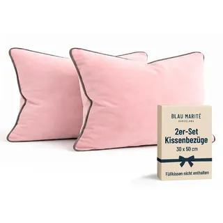 Blau Marité Kissenbezüge 30x50 cm – 2er Set aus weichem Samt – Dekokissen mit kontrastierendem Rand – Rosa & Grau – Ohne Füllung