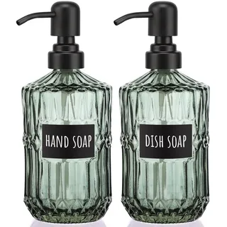 Segbeauty Seifenspender Glas, 2 Stück 450 ml Nachfüllbarer Prismatische Glas Shampoo, Conditioner Spenderflaschen und Handseifenspender mit Edelstahlpumpe, für Küche, Badezimmer, Grün