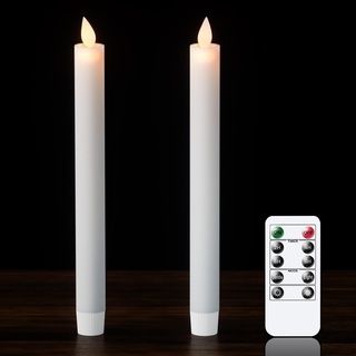 Eldnacele LED Stabkerzen mit Timer u. Fernbedienung, 2er flammenlose Kerzen aus 100% Stearin, beweglicher Docht, Leuchterkerzen bewegliche Flamme Ø 2 x 24 cm Weiß Dekokerzen für Party, Hochzeit