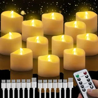daphomeu Led Kerzen Wiederaufladbar, 12 Stücke Teelichter mit Timerfunktion, Led Kerzen Flackernde Flamme mit Fernbedienung für Weihnachten, Halloween, Herbst und Hochzeit, Winter