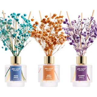 Airkeep Raumduft 50ml x3, Reed Diffuser mit Ocean Breeze, Sweet Orange, Cashmere Vanilla, Raum Duft mit 24 Duftstäbchen, Lufterfrischer für Badezimmer, Wohnung, Heimdekoration
