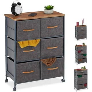 Relaxdays Schubladenschrank mit Rollen, 6 Stoff Schubladen, Deko Stoffschrank, Holzoptik, HBT 74,5 x 58 x 30 cm, grau