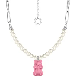 Thomas Sabo Kette mit Anhänger Gliedercollier Goldbär Silber 925 pink/weiß