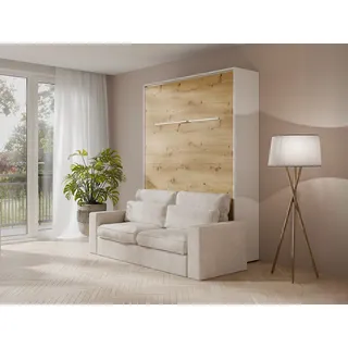 Schrankbett + Sofa - 160 x 200 cm - Manuelle vertikale Öffnung - Mit LED-Beleuchtung - Weiß & Holzfarben - RAPILI