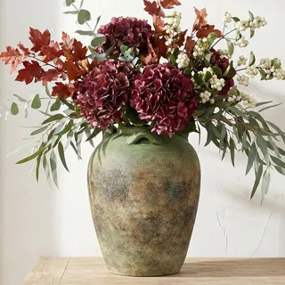 Deko Vase Keramik im Landhausstil – Rustikale Blumenvase für Pampasgras & Trockenblumen, Grün Vintage Krug Vase mit Griffen, Tischdeko Wohnzimmer Bauernhaus Deko, 28,5 cm