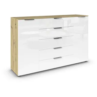 Rauch Möbel Flipp, Kommode für Schlafzimmer, Kinderzimmer, Wohnzimmer, Jugendzimmer, Flur, Garderobe, 2-türig, 5 Schubladen, mit Softclose-Funktion, Farbe Eiche Artisan, Holz/Glas Weiß, Breite 160 cm