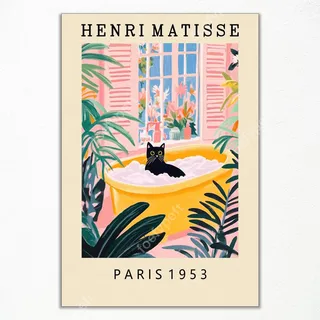 Vintage Henri Matisse Leinwandbild, Lustiges schwarzes Katzen-Badezimmer-Poster, süßer Katzen-Badezimmer-Druck, rosa-grünes Dopamin-Wanddekor, tropisches botanisches Blumenbild 30x40cm ungerahmt