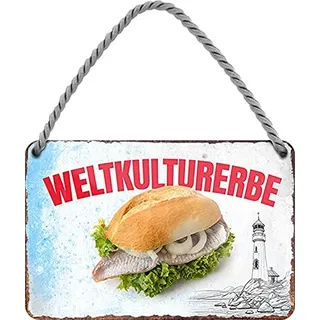WOGEKA ART Retro Blechschild - Fischbrötchen Nordsee Ostsee - witziger Spruch Geschenk-Idee Geburtstag Weihnachten Dekoration 18x12 cm Vintage-Design Hänge-Schild Metall HS692