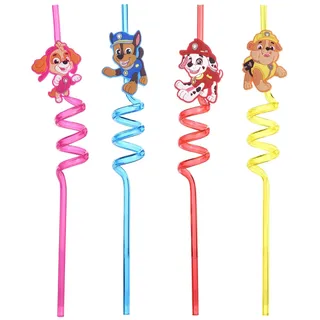 Paw Patrol Kinder Strohhalme – 4er Set wiederverwendbare Spiral Trinkhalme aus Kunststoff – Bunte Strohhalme für Kindergeburtstag, Party Deko, Schule & Feiertage