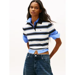 Poloshirt TOMMY JEANS "TJW SLIM SH ESSENTIAL SS POLO", Damen, Gr. M (38), ecru, multi stripe, Single Jersey, Obermaterial: 98% Baumwolle, 2% Elasthan, gestreift, slim fit, Shirts Poloshirt