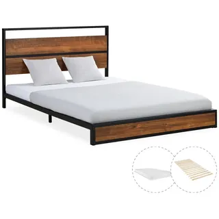 Homestyle4u Metallbett mit Matratze 140x200 cm Schwarz Doppelbett Holz, Braun Futonbett Bett 145 cm X 94,5 cm X 210 cm
