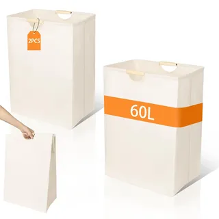 AiQInu 2 Stück Wäschesammler Schmal, Wäschekorb 60l, Laundry Baskets mit Henkel Holzgriff, Waschesammelbox und Wäschesack für Schlafzimmer, Kleidung, Spielzeug und Handtücher, 56 * 40 * 27cm