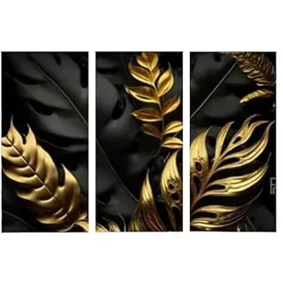 AREDE 3er Set Wandkunst Gemälde Bild Poster Tropische Blätter in Schwarz und Gold | 90 x 60 cm | Wandbilder Wanddekoration Home Office Wohnzimmer Schlafzimmer Dekoration | Fertig zum Aufhängen