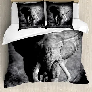 ABAKUHAUS Elefant Bettbezug Set, Majestätische Elefant Stier Nähert Foto Exotischen Wilden Lebensraum Säugetier Kunstdruck, 200 x 200 cm + 80 x 80 cm, Grau - Grau