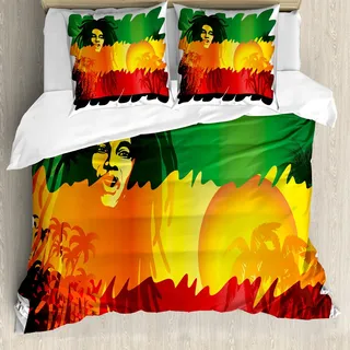 ABAKUHAUS Rasta Bettbezug Set, Ikonenhafter Reggae-Musik-Sänger-abstrakter Entwurf mit Sun und Palmen, 155 x 220 cm + 80 x 80 cm, Orange Gelb