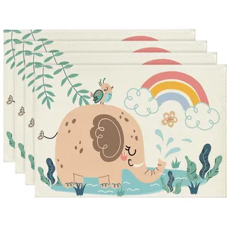 Artoid Mode Elefant Regenbogen Dschungel Kinder Platzsets 4er Set, 30x45cm Tischset Waschbar Platzdeckchen Küche Party Deko