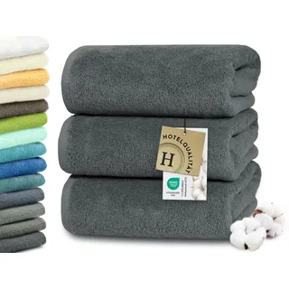 ZOLLNER 3er Set Duschtücher in 70x140 cm - besonders weiche und saugstarke Handtücher in dunkelgrau - mit praktischem Aufhänger - waschbar bis 95°C - Baumwolle - Hotelqualität