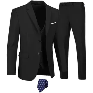 Furuyal Herren Anzüge 3-teiliges Slim Fit Anzug-Set, Zwei Knöpfe, Hochzeit, Business, Smoking, solide Blazer, Jacke, Weste, Hose mit Krawatte, Schwarz, L