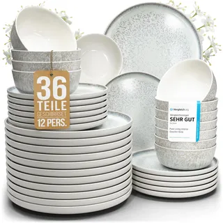 Steingut Geschirrset 12 Personen Ibiza 36 tlg. TESTSIEGER, Traumhaftes Mediterranes Steingut Geschirr Set, Schüssel- und Teller Set, Tafelservice 12 Personen, Geschirrsets Pure Living in Beige