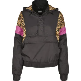 Urban Classics Damen Winterjacke Ladies AOP Mixed Pull Over Jacket Black/Leo-4XL - Schwarz