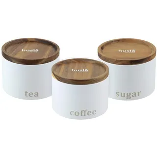 Husla 73948 Set of 3 Food Containers, Metal/Acacia Wood, Modern White