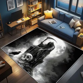 AevuCub Sensenmann Deko, Schwarz Gothic Teppich 120x170 Kurzflor, Teppich Wohnzimmer Horror Totenkopf, Weich rutschfest Waschbare Teppiche, Bettvorleger Schlafzimmer Kinderzimmer