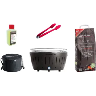 LotusGrill XL Grill Anthrazitgrau mit USB-Anschluß, Buchenholzkohle 2,5 kg, Brennpaste 200ml, Zange, Transport-Tasche XL - Raucharmer Holzkohlegrill
