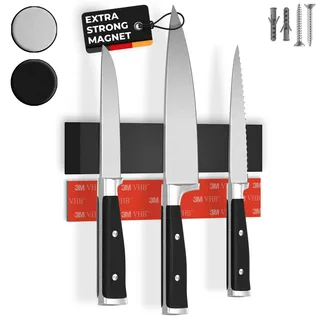 CUCINO Messer Magnetleiste selbstklebend - Vergleichssieger mit extra starkem Magnet - Einfache Montage mit 3M Klebeband ohne Bohren, Schwarz- 25cm