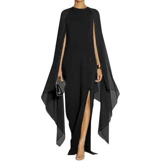 MAYFASEY Damen Elegant High Split Flare Sleeve Formal Evening Gowns Maxi Dress with Cape, Schwarz, X-Large