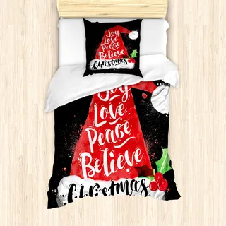 ABAKUHAUS Weihnachtsmann Mantele, Weihnachtsmütze mit Beschriftung, Milbensicher Allergiker geeignet mit Kissenbezügen, 135 cm x 200 cm - 80 x 80 cm, Schwarz, Rot, Weiß - Schwarz