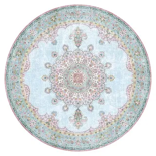 Teppich Vintage Rund - Lily Medaillon Hellblau Türkis - Blau