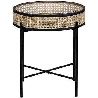 Beliani Beistelltisch Beige Rattan Rund ⌀ 36 cm mit Metallgestell Schwarz Wiener Geflecht Boho Stil Wohnzimmer Schlaffzimmer Sofatisch - Beige, Schwarz