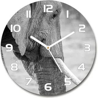 Wanduhr aus Glas 30fi Glasbild Glasuhr Gehärtetes Glas - weisse-zeiger - elephant - Schwarz
