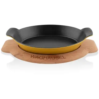 Sallys Gusseisen - Servierpfanne oval 18 x 24 cm - mit Echtholzuntersetzer - Mustard Yellow