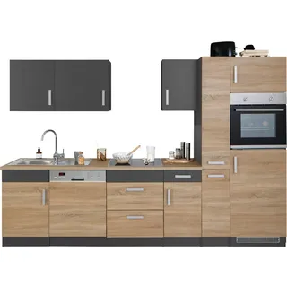 Küchenzeile KOCHSTATION "KS-Gera", grau (küche: natur, front: eiche sonoma, anthrazit, korpus: anthrazit, arbeitsplatte: eiche sonoma), B:300cm H:200cm T:60cm, Komplettküchen-Sets, Küchenzeile, Breite 300 cm, wahlweise mit E-Geräten, mit Arbeitsplatte