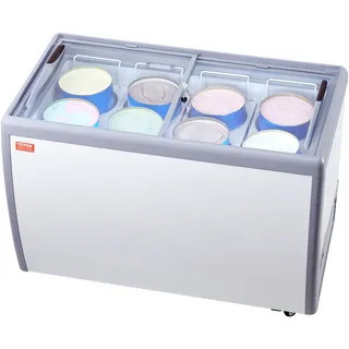 VEVOR Gewerblicher Eistruhen-Vitrine, 460 L Truhe, Mobiler Glasdeckel-Tiefkühler, Restaurant-Gelato-Dip-Schrank mit 5 Drahtkörben, 2 Schiebetüren aus Glas, abschließbaren Rollen, Weiß, 13.1 cu.ft