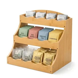 STOUCLA Tee Aufbewahrung, Teebeutel Organizer Stehend Bambus, Gewürzregal Stehend,Teeregal Hochkant aus Holz mit 12 Staufächern, für Küche, Büro, Zuckerpackungen,30,7 x 25 x 20,5 cm