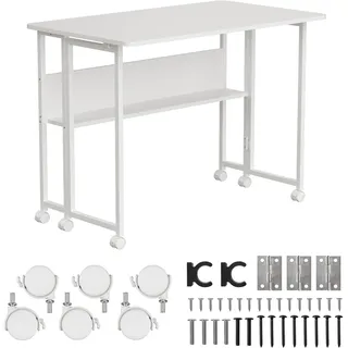 Maclean Brackets Maclean MC-126 W Klappbarer Mobiler Schreibtisch Weiß 100x58 cm mit Regal Stahlgestell 50 kg belastbar Computertisch Arbeitstisch Büro Tisch auf Rollen