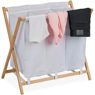 Relaxdays Wäschekorb, 3 Fächer mit je 38 L, klappbarer Wäschesammler, Bambusgestell, HxBxT: 71 x 74 x 42 cm, weiß/natur