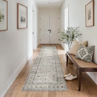 GENIMO Boho Vintage Flur Teppich Läufer, Waschbar & rutschfest, Kurzflor Teppich für Flur, Gang oder Schlafzimmer, Stilvoller Läufer, Elfenbein Grau, 80x300 cm